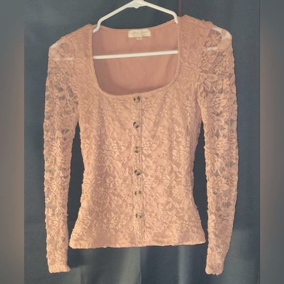 Dusty Rose Sheer Sleeve Lace Blouse - Picture 1 of 5
